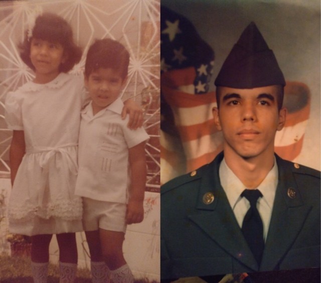 Gonzalez as a young boy with his sister and after graduating Army Basic Combat Training