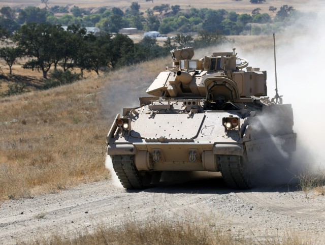 3rd Infantry Division Soldiers participate in Bradley Vehicle Excursion 3 test event with the Integrated Visual Augmentation System (IVAS) prototype Capability Set 4 at Camp Roberts, Calif. in September 2021.