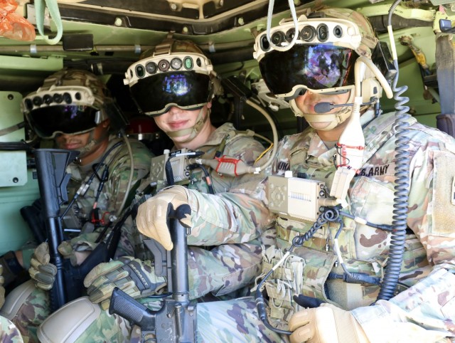 3rd Infantry Division Soldiers participate in Bradley Vehicle Excursion 3 test event with the Integrated Visual Augmentation System (IVAS) prototype Capability Set 4 at Camp Roberts, Calif. in September 2021.