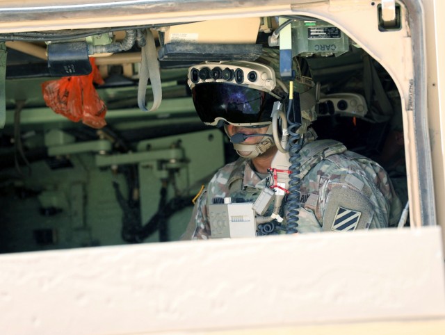 3rd Infantry Division Soldiers participate in Bradley Vehicle Excursion 3 test event with the Integrated Visual Augmentation System (IVAS) prototype Capability Set 4 at Camp Roberts, Calif. in September 2021.