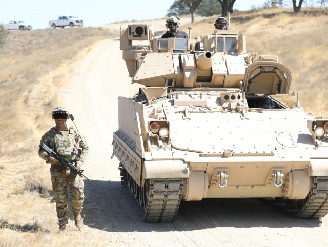 3rd Infantry Division Soldiers participate in Bradley Vehicle Excursion 3 test event with the Integrated Visual Augmentation System (IVAS) prototype Capability Set 4 at Camp Roberts, Calif. in September 2021.