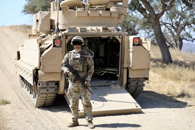 3rd Infantry Division Soldiers participate in Bradley Vehicle Excursion 3 test event with the Integrated Visual Augmentation System (IVAS) prototype Capability Set 4 at Camp Roberts, Calif. in September 2021.