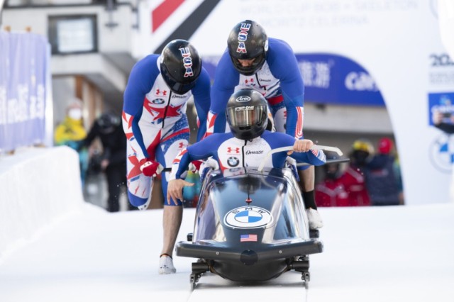 Frank del Duca of USA and team in action during the Men&#39;s 4-Bob World Cup in St. Moritz, Switzerland,, on Sunday Jan. 16, 2022. (Mayk Wendt/Keystone via AP)