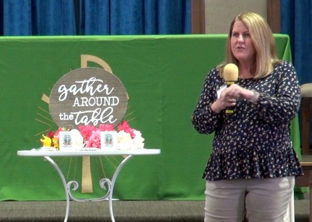 Donna Worthy, President of the Protestant Women of the Chapel (PWOC) speaks at the organization's kick-off event at the Main Post Chapel on Fort Huachuca, Ariz.