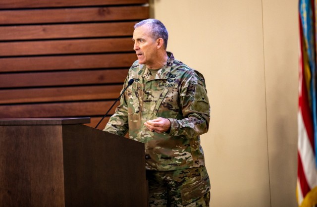 Lt. Gen Pat White, III Corps and Fort Hood commanding general, addresses the audience during an suicide awareness and prevention seminar at Fort Hood, Texas, Jan 20, 2022. The seminar was  an assembled panel of expert researchers in the field of suicidality to guide a conversation with leaders at a world-class suicide prevention training event. The educational instruction and conversations focused on combating the determinants of suicide incidence rates through a critical examination of suicide – informed by evidence from the leaders in the field. Featured speakers included Dr. Thomas Joiner, academic psychologist; Dr. Craig Bryan, researcher; Dr. Mike Anestis, clinical psychologist; Dr. Emmy Betz, researcher and professor; Col. Sam Preston, chief Army Behavioral Health Division, Defense Health Agency, family physician and psychologist; and Dr. Eren Watkins, epidemiologist and public health practitioner. (U.S. Army Photo by Staff Sgt. Daniel Herman)