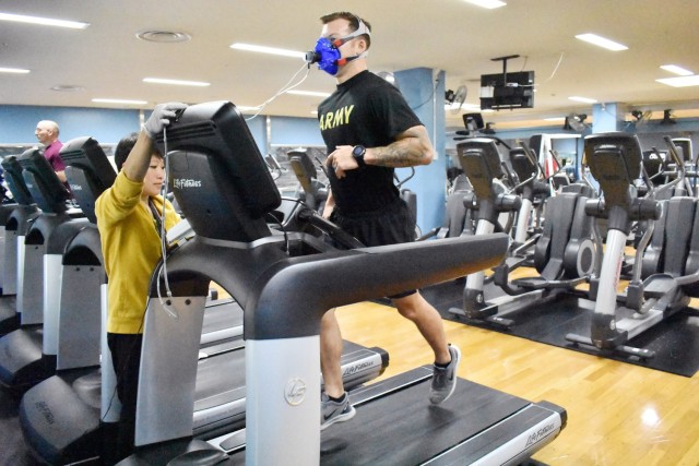 Shannon Vo, lead health educator at the Army Wellness Center, performs a fitness test on Staff Sgt. Josh Beysselance, assigned to the 78th Signal Battalion, at the Yano Fitness Center at Camp Zama, Japan, Aug. 14, 2019. Vo is helping organize the 2022 &#34;Biggest Loser&#34; contest hosted by the fitness center. Starting Jan. 31, the seven-week competition will introduce up to 40 participants to weight-management strategies. The contest is free for active-duty military members to join, but costs $10 for all others. Prizes will be awarded to the winners of the male, female and active-duty categories.