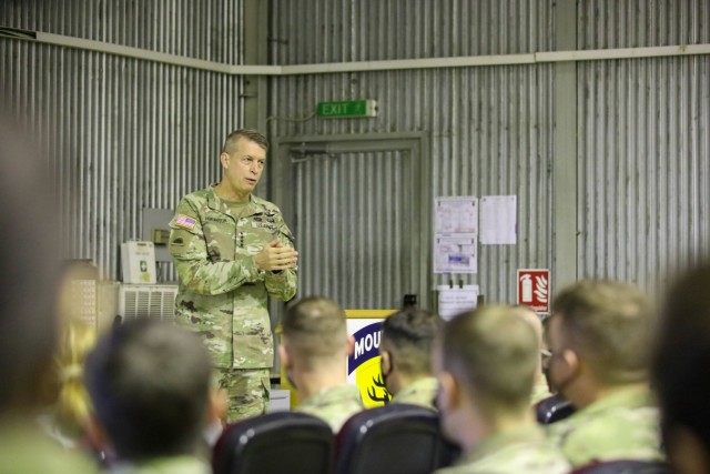 Army Gen. Daniel Hokanson, the chief of the National Guard Bureau, meets with Guardsmen deployed to Kosovo in November 2021.
