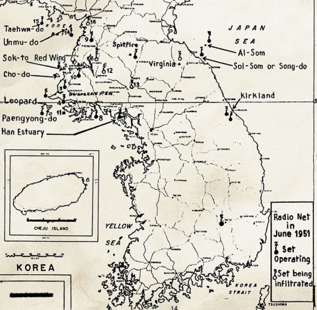 Map of initial North Korean guerrilla locations and operations as annotated by COL John H. McGee, commander of the Attrition Section, the Far East Command’s guerrilla unit.