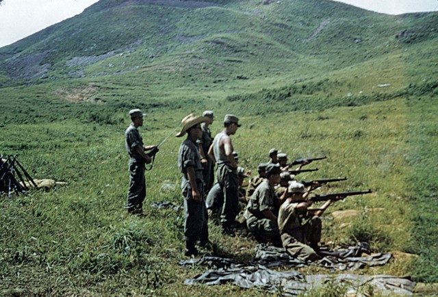Photo from the collection of Joe Johnson UNPK, TLO Korea.

North Korean Guerrillas and their advisor conduct rifle training on one of the northwest island bases.