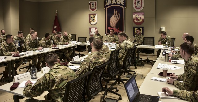 February, 2018 file photo: Senior leaders from the 173rd Airborne Brigade discuss training with 7th Army Training Command's Brig. Gen. Tony Aguto in Vicenza, Italy.