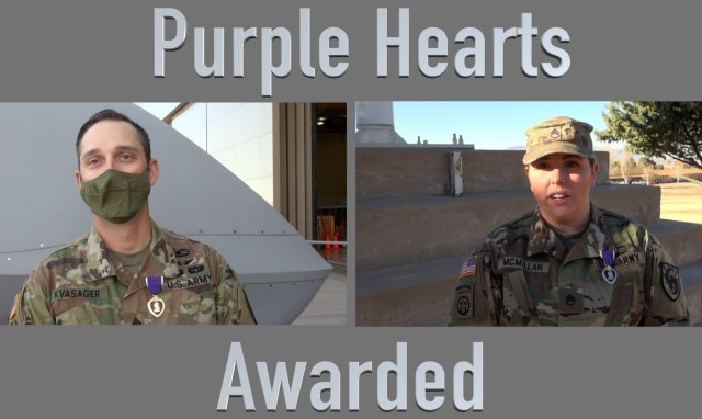 (left) Sgt. 1st Class Daine Kvasager, and Staff Sgt. Rebecca McMillan recently received Purple Hearts for wounds they received in action during an Iranian missile attack while forward deployed to  Al-Asad Air Base, Iraq. The Soldiers are also engaged to be married.