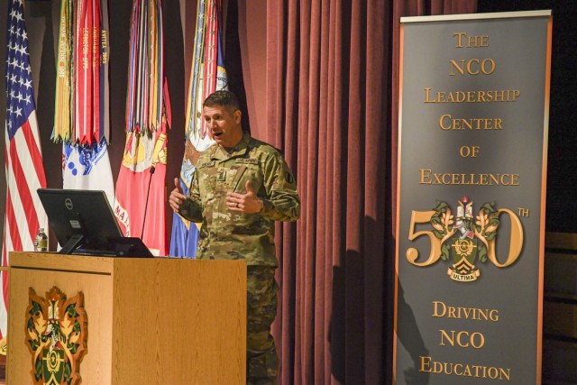 Command Sgt, Maj. Daniel Hendrex, Command Sgt, Maj. for TRADOC, speaks at the NCOLCoE 50th anniversary on Jan. 20th.