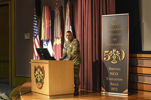Command Sgt, Maj. Jason Schmidt, commandant of the NCOLCoE and SGM-A, speaks at the NCOLCoE 50th anniversary on Jan. 20th. 
