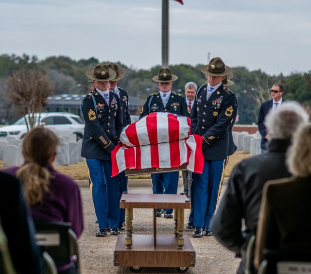 U.S. Army pallbearers assigned to Echo Company, 2-58th Infantry Battalion,198th Infantry Brigade carry the casket of Retired Lt. Gen. Robert L. “Sam” Wetzel during a funeral service at Fort Benning Main Post Cemetery on Jan. 28. 
