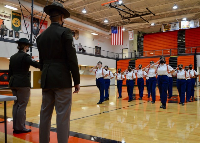 Fort Leonard Wood drill sergeants perform judging duties during the eighth Waynesville Junior ROTC Drill Competition, which took place Jan. 22 at Waynesville High School. The Fort Leonard Wood service members – along with ROTC cadets from Missouri State University, in Springfield, Missouri – helped fill many of the support roles at this year’s competition. 