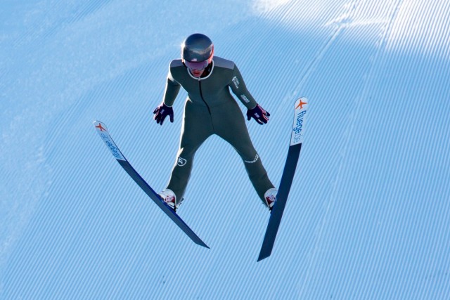 Spc. Jasper Good, Utah National Guard Joint Force Headquarters and assigned to the U.S. Army World Class Athlete Program, takes a practice jump at the Utah Olympic Park, Park City, Utah, Jan. 27, 2022.
...
