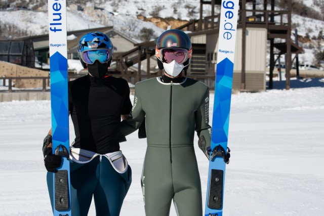 Utah National Guard Spcs. Benjamin Loomis of Eau Claire, Wisconsin, left, and Jasper Good, of Steamboat Springs, Colorado, after practice jumps at the Utah Olympic Park, Park City, Utah, Jan. 27, 2022. Good and Loomis are going to China on the 2022 U.S. Olympic Nordic Combined Team.