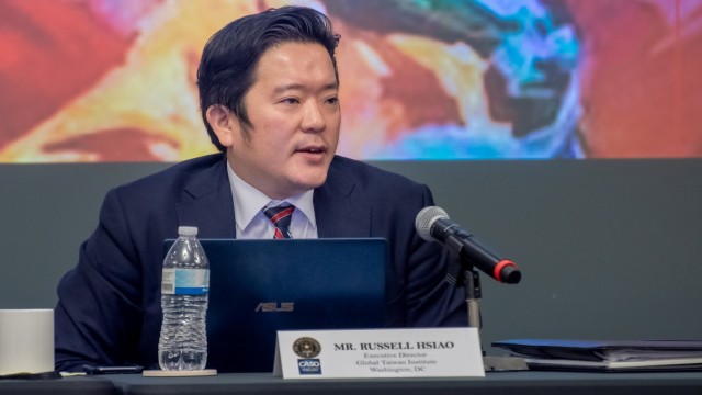 Russell Hsiao of the Global Taiwan Institute speaks at the “China’s Influence in the Indo-Pacific” panel hosted by the Command and General Staff College’s Cultural and Area Studies Office Jan. 27 at the Arnold Conference Room, Lewis and Clark Center. 