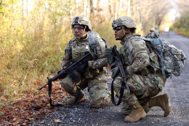 Soldiers with 10th Mountain Division at Ft. Drum surveys an obstacle during a human factor evaluation on the Modular Scalable Vest Gen II with PEO Soldier Oct. 29, 2019.