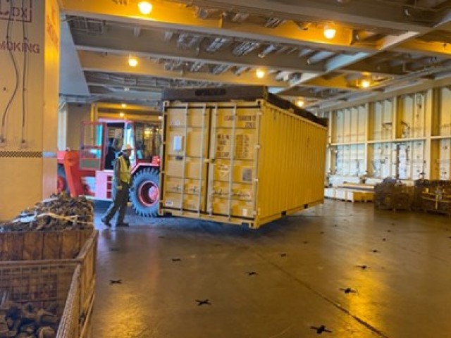 A Class IX repair parts container is prepared for loading onto a Large, Medium - Speed Roll-on/Roll-off vessel at Wharf Alpha, Charleston, South Carolina, in preparation for future operations. The Army Field Support Battalion – Charleston, is responsible for the readiness and employment of critical power projection capability. 