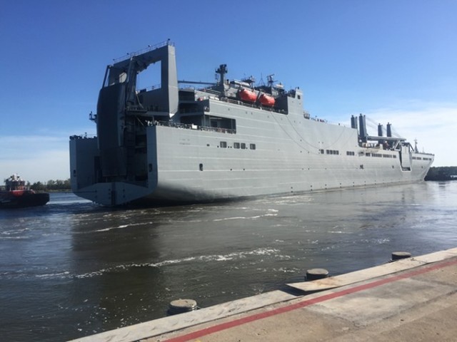 A Large, Medium-Speed Roll-on/Roll-off (LMSR) vessel docks at Wharf Alpha, Charleston, South Carolina,  and prepares to load recently repaired, maintained and modernized equipment for future operations. The Army Field Support Battalion – Charleston, is responsible for the readiness and employment of critical power projection capability. 