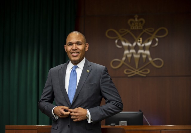 Benjamin Spencer, dean of the William & Mary Law School, poses for a portrait in one of the school’s courtrooms building in Williamsburg, Virginia, Dec. 1, 2020. Spencer is the first African-American dean hired by the oldest law school in the country and a U.S. Army Reserve captain and lawyer who works for the Government Appellate Division. Spencer graduated from Harvard Law School and joined the Army when he was almost 41 because he felt a calling to serve people and serve his nation. (U.S. Army Reserve photo by Master Sgt. Michel Sauret)
