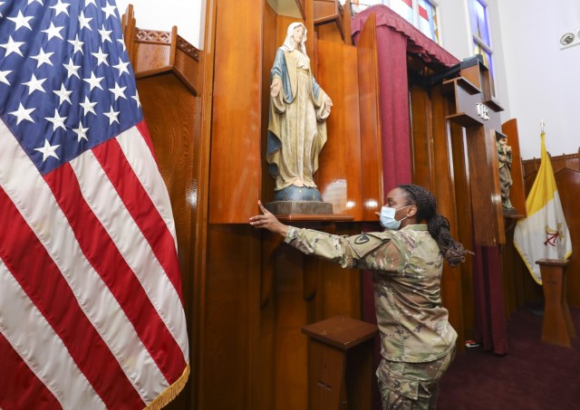 Staff Sgt. Sharonica White, a religious affairs specialist assigned to U.S. Army Garrison Japan, prepares the Camp Zama chapel for a service Feb. 3, 2021. White was recently selected to attend Officer Candidate School. 