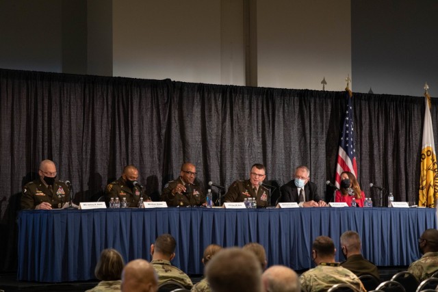 The AUSA 2021 Contemporary Military Forum: #2 - People First: Now and into the Future, moderated by Ms. Gaylia Campbell, included panelists, GEN Paul E. Funk, Commanding General United States Army Training and Doctrine Command, Mr. Mark R. Lewis, Senior Official Performing the Duties of the
Assistant Secretary of the Army (Manpower & Reserve Affairs), LTG Gary M. Brito, Deputy Chief of Staff, G-1United States Army, MG Kevin Vereen, Commanding General United States Army Recruiting Command and MG Johnny K. Davis, Commanding General United States Army Cadet Command and Fort Knox. The panel, held at the AUSA Annual Meeting in Washington D.C., on October 10, 2021 discussed current and future efforts to acquire, train and retain the Army’s number one priority – its people. | Photo by Brenadine C. Humphrey, U.S. Army Cadet Command Public Affairs Office