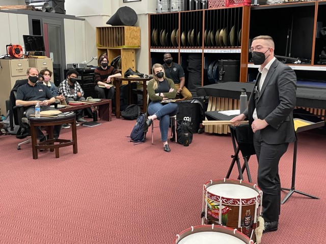 Staff Sgt. Michael Dillman from The U.S. Army Band conducts a music clinic with students from the University of Nevada, Las Vegas, Feb. 4, 2022. Dillman was in Las Vegas in support of the Joint Armed Forces Color Guard for the NFL Pro Bowl. 
