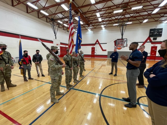 Members of a Joint Armed Forces Color Guard conduct a clinic for University of Nevada, Las Vegas Army and Air Force ROTC cadets Feb.4, 2022. The servicemembers from the National Capital Region are in Las Vegas to represent the Department of Defense during the national anthem of the NFL Pro Bowl. 