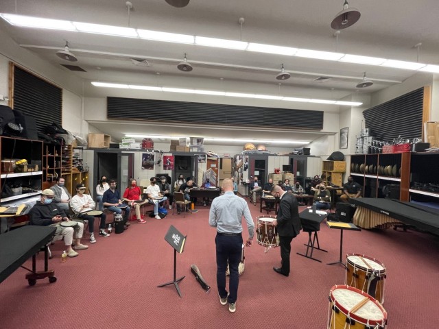 Staff Sgt. Michael Dillman and Staff Sgt. Brian Blume from The U.S. Army Band conduct a music clinic with students from the University of Nevada, Las Vegas, Feb. 4, 2022. Dillman and Blume were in Las Vegas in support of the Joint Armed Forces Color Guard for the NFL Pro Bowl. 