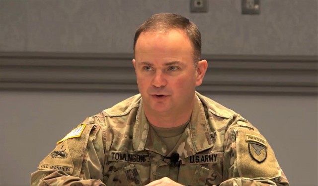 Col. Christopher Tomlinson, commander of U.S. Army Garrison Japan, speaks during a Community Information Exchange at Camp Zama Feb. 4, 2022.
