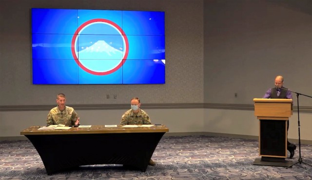 Maj. Gen. JB Vowell, left, commander of U.S. Army Japan, and Col. Christopher Tomlinson, center, commander of U.S. Army Garrison Japan, host a Community Information Exchange at Camp Zama Feb. 4, 2022, to better inform community members on...