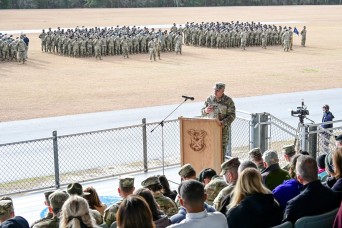 AMC's top NCO delivers impactful message at basic training graduation: 'Standing with all these great Soldiers is my son'