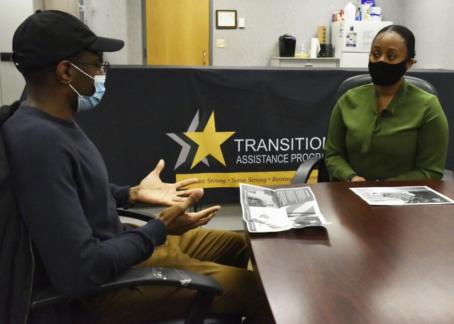 Capt. Elton Wright, an Army Engineer, who went through the medical review board process and is transitioning out of the Army after serving for about six years, speaks with Requisha Cannon, Army Career Skills Program installation administrator here, about his experiences as an intern with the Directorate of Public Works. The CSP affords transitioning service members the opportunity to participate in employment-skills training, on-the-job training, pre-apprenticeships and internships with a high probability of employment in high-demand and highly-skilled jobs – all while the service member retains their pay and allowances. 