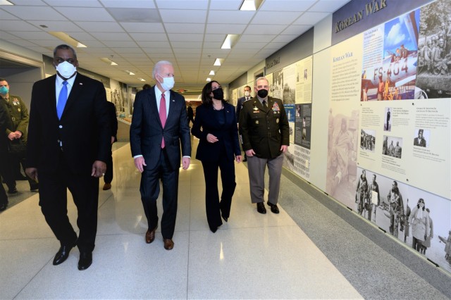 President Joe Biden, Vice President Kamala Harris, Secretary of Defense Lloyd J. Austin III, and Chairman of the Joint Chiefs of Staff Army Gen. Mark A. Milley tour the African Americans in Service corridor that honors the contributions of African American service members, the Pentagon, Washington, D.C., Feb. 10, 2021. (DoD photo by Lisa Ferdinando)