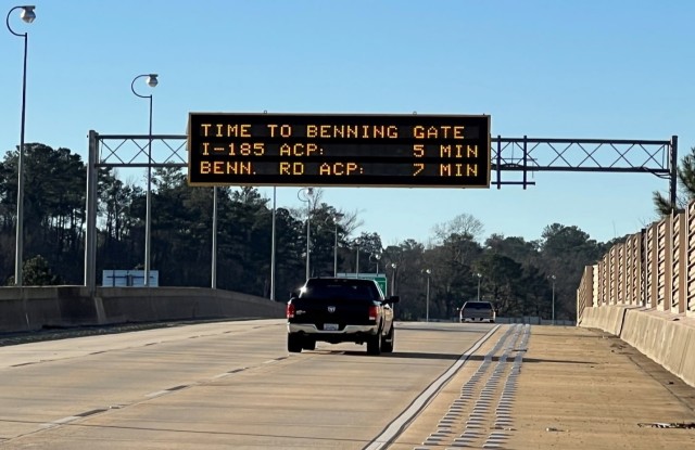 Georgia Department of Transportation DMS, located on U.S. Interstate 185, 1.5 miles north of Victory Drive, Columbus, Ga., advises southbound motorists of travel time to Fort Benning’s access control points.