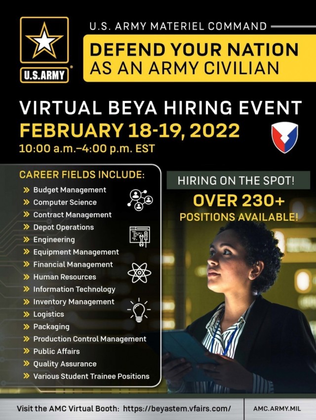 The U.S. Army Materiel Command is looking to the 2022 BEYA STEM Global Competitiveness Conference for a diverse pool of employees who qualify to fill the more than 230 jobs, including about 30 within the U.S. Army Aviation and Missile Command. The virtual BEYA career fair is set for Feb. 18-19. 