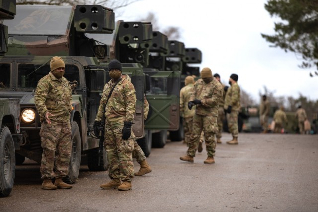 U.S. Army Soldiers from 5-4 Air Defense Artillery Battalion prepare for a convoy from Germany to Romania, Feb. 7, 2022. Enhanced vigilance in Central and Southeastern Europe is a strong reflection of the will, unity and cohesion of the NATO Alliance by demonstrating readiness in multi-national operations. (U.S. Army photo by Sgt. Rene Rosas)