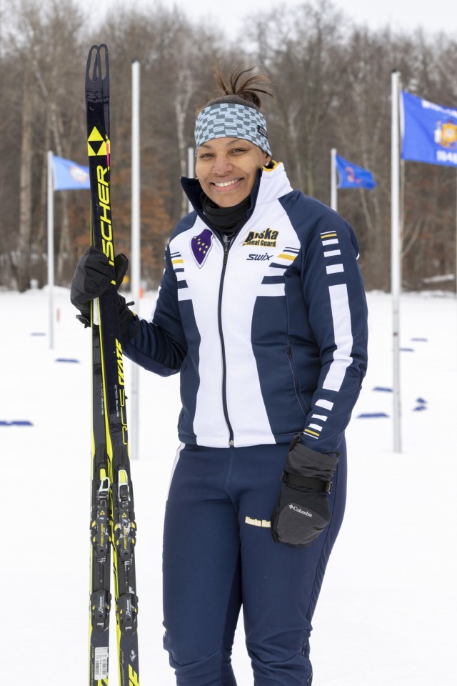 Master Sgt. Angela Horn with the Alaska National Guard's 297th HHC Regional Support Group, during the Chief of the National Guard Bureau Biathlon Championships at Camp Ripley, Minn., Feb. 13, 2022. The championships began with an individual...