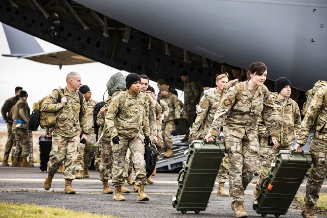 These are the first of 2,000 Soldiers to arrive in Europe following the Pentagon’s announcement of additional forces moving from the United States to Europe in support of our NATO allies. The XVIII Airborne Corps, which serves as America's Contingency Corps, will provide a Joint Task Force-capable headquarters in Germany, as 1,700 Paratroopers from the 82nd Airborne Division deploy to Poland. These moves are designed to respond to the current security environment and reinforce NATO’s eastern flank. (U.S. Army photo by Spc. Joshua Cowden)