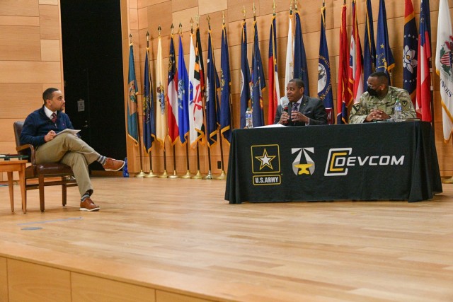 Jeff Thomas, deputy director, DEVCOM Science & Technology Integration Directorate, moderated a panel comprised of black innovators from Aberdeen Proving Ground who discussed their experiences, challenges and opportunities in Army innovation. Thomas is joined by (center) Dr. Eric Moore, director, DEVCOM Chemical Biological Center, and CW5 Linc McCoy, command chief warrant officer, U.S. Army Communications-Electronics Command.