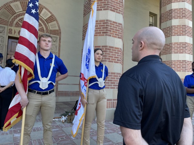 Service members from the National Capital Region conduct a skills clinic for the U.S. Army and U.S. Air Force ROTC cadets at University of California Los Angeles, February 11, 2022. The team was in California to present the colors during the national anthem at Super Bowl LVI.