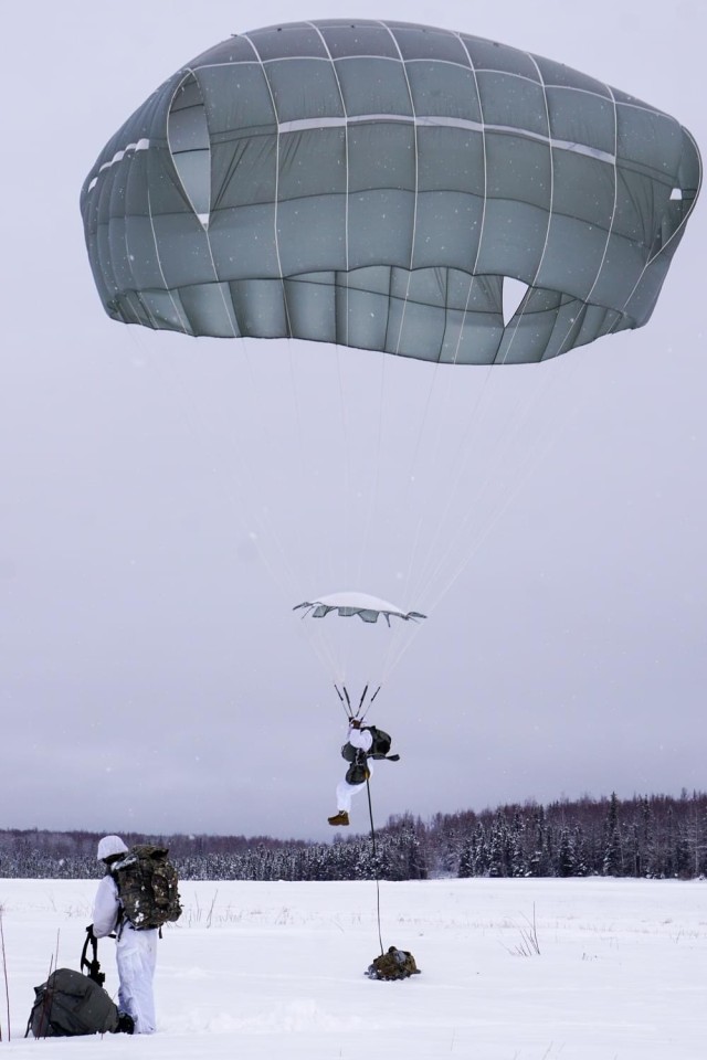 Soldiers from the 1st Battalion, 501st Parachute Infantry Regiment drop into Malemute Drop Zone for training in an arctic environment. 
JPMRC 22-02 will test units&#39; ability to fight, survive and win in the most extreme conditions. These scenarios provide realistic and relevant training that enables the U.S. Army to respond more effectively to regional crises, meet future security needs, and is critical to sustaining readiness. 