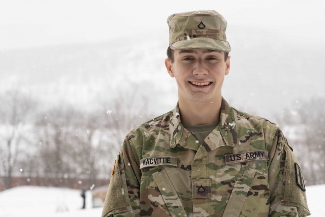 Pfc. Liam MacVittie of Charlie Battery, 1-103rd Field Artillery Regiment, outside the Coös County Nursing Hospital in Stewartstown, New Hampshire, Feb. 8, 2022. Macvittie, who is assigned to the hospital as part of the state’s COVID relief...