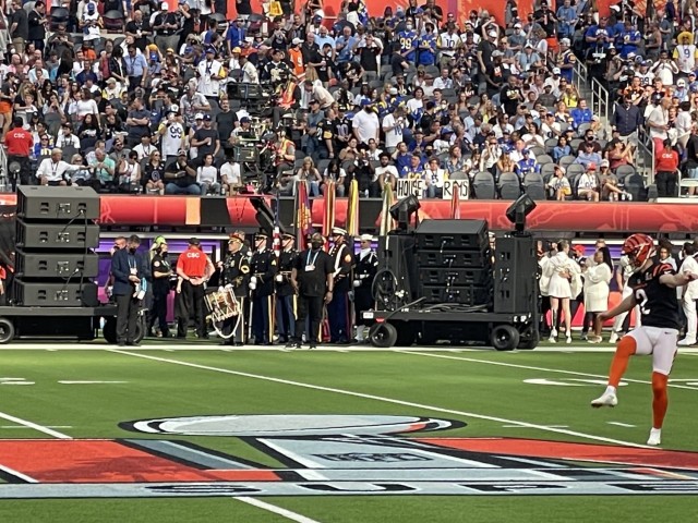 A Joint Armed Forces Color Guard and drummers from The U.S. Army Band present the colors during the national anthem at Super Bowl LVI. Each of the eleven service members from the National Capital Region were selected by their service honor guard to represent the Department of Defense at the game.