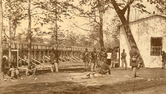 Members of the 108th U.S. Colored Infantry Regiment stationed at Rock Island Prison Barracks circa 1864.