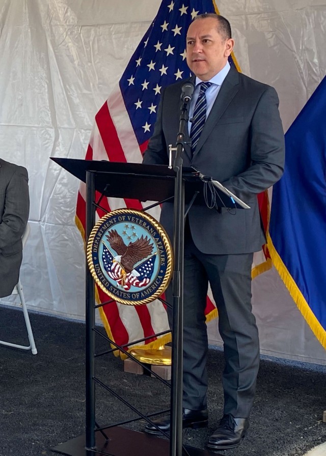 Hon. Gabe Camarillo, the Under Secretary of the Army, speaks during an interpretative marker unveiling ceremony, held at the Fort Sam Houston National Cemetery, San Antonio, Texas, Feb. 22, 2022. Camarillo acknowledged the history and sacrifice of the Soldiers from the 24th Infantry Regiment and emphasized the marker unveiling is meant to create a broader understanding of what took place in 1917.  (U.S. Army Photo by Bethany Huff)