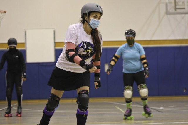 Tara Culbertson, president of the Zama Killer Katanas, and other skaters participate in the first official practice for the roller derby team after a hiatus due to the pandemic at Arnn Elementary School, Sagamihara Family Housing Area, Japan, Feb....