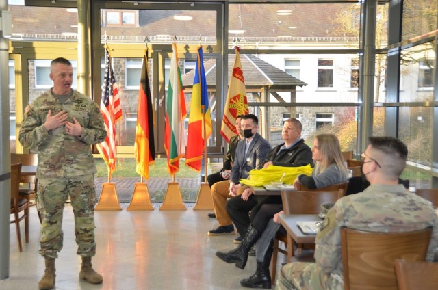 USAG Rheinland-Pfalz Command Sgt. Maj. Stephen LaRocque provides his testimonial during the AER Campaign Kick-Off Breakfast at Baumholder, Feb. 22.